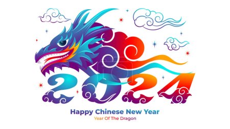 Ilustración de Año Nuevo Chino 2024. Dragón azul con el número 2024 formado de las nubes - Imagen libre de derechos