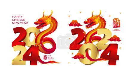 Bonne année chinoise 2024 signe du zodiaque dragon, avec lettrage 3D doré 2024