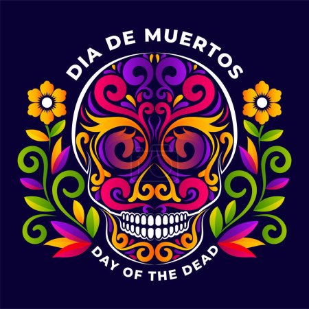 Illustration for Dia de los Muertos skull round badge, or sticker with floral mexican decorative illustration - Royalty Free Image