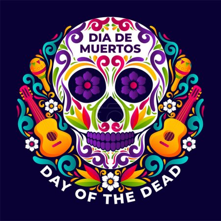 Illustration for Dia de los Muertos round badge, symbol or sticker with mexican decorative illustration - Royalty Free Image