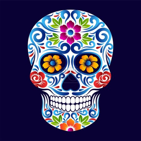 Illustration for Dia de Muertos Skull, vibrant color Calavera Catrina makeup - Royalty Free Image