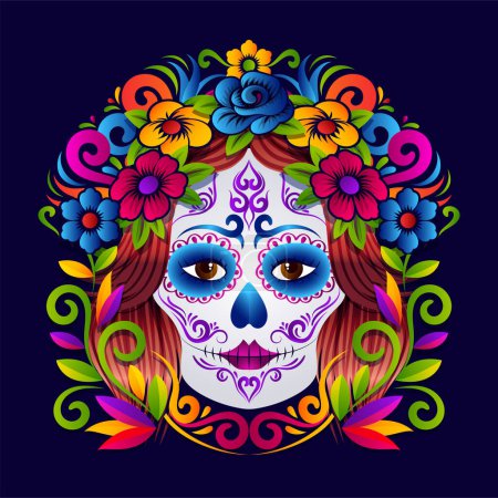 Zuckerschädel la catrina, Dia de Muertos Symbol mit leuchtenden Farben Ornament-Design