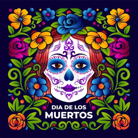 Illustration for Dia de Muertos Skull, vibrant color Calavera Catrina day of the dead makeup - Royalty Free Image