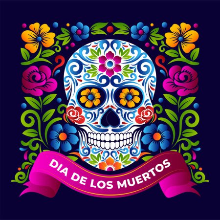 Téléchargez les illustrations : Dia de Muertos Crâne avec une couleur vibrante mexicaine Décoration design - en licence libre de droit