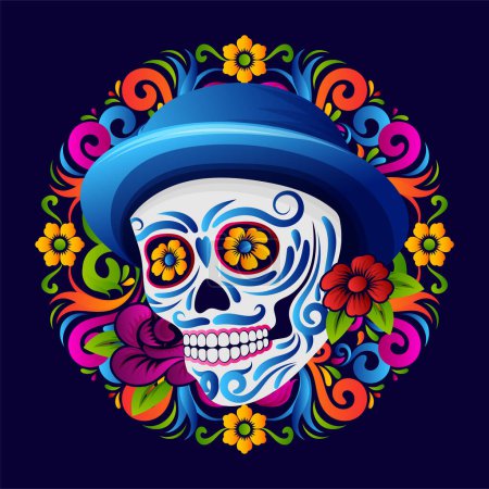 Illustration for Dia de muertos badge or icon, Day of the dead sugar skull with mexican floral decoration - Royalty Free Image