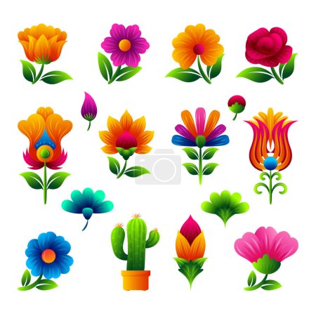 Ilustración de Coloridos elementos mexicanos de flores. Arte folclórico tradicional mexicano vector floral - Imagen libre de derechos