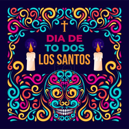Ilustración de Día de todos los santos o Dia de todos los santos decoración con colorido diseño de arte popular mexicano - Imagen libre de derechos
