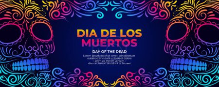 Tag der Toten Banner mit bunten Zuckerschädel und mexikanischen Blumen Grenze