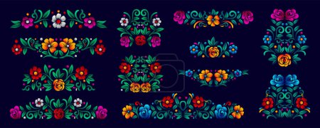 Ilustración de Colecciones de rincones florales mexicanos, retro México bordado tradicional frontera arte popular - Imagen libre de derechos