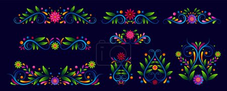 Téléchargez les illustrations : Mexicain floral Frame collections, rétro Mexique broderie traditionnelle art populaire frontière - en licence libre de droit