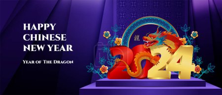 Nouvel an chinois 2024 conception de bannière, avec Dragon Zodiac et lettre 3d 2024 sur la scène du podium bleu