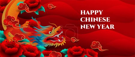 Ilustración de Diseño de banner chino de año nuevo 2024, con ilustración de zodíaco de dragón, nube china y flor de peonía - Imagen libre de derechos