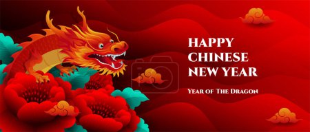 Bonne année chinoise 2024 conception de bannière, avec Dragon Zodiaque et pivoine fleur illustration