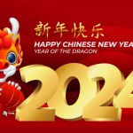 Traditional holidays banner with chinese dragon, lantern, golden 2024 number and firecrackers