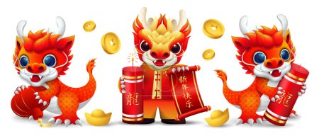 Illustration for Cute dragon collections holding gold ingot, scroll, lantern, ingot and firecrackers. isolated cartoon dragon vector - Royalty Free Image