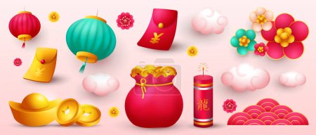 Adornos de celebración del año nuevo chino, colección de elementos vectoriales chinos (Traducción: año del dragón)