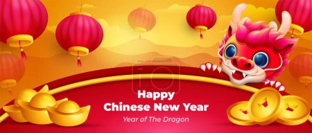 Bannière horizontale du Nouvel An chinois avec petit dragon, lanterne suspendue, lingots d'or et pièces de monnaie 
