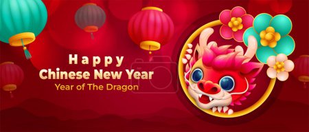 Ilustración de Dibujos animados año nuevo chino bandera horizontal con lindo pequeño dragón y linterna colgante - Imagen libre de derechos