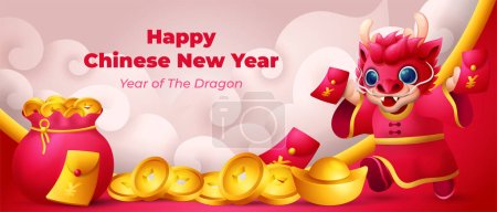 Nouvel an chinois de la bannière Dragon, dragon mignon fonctionnant avec des lingots d'or et la conception vectorielle de pièce