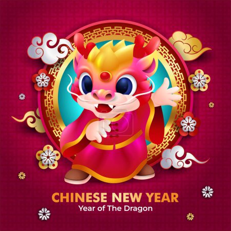 Ilustración de Año nuevo chino 2024 fondo con lindo pequeño dragón decorado con elementos chinos - Imagen libre de derechos