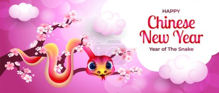 Téléchargez les illustrations : Bonne année chinoise de la bannière serpent, avec serpent dessin animé mignon sur la branche de cerisier arbre en fleur - en licence libre de droit