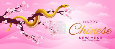 Téléchargez les illustrations : Heureuse bannière du Nouvel An chinois 2025, avec un joli serpent de dessin animé sur la branche de l'illustration de cerisier en fleur - en licence libre de droit