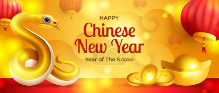 Téléchargez les illustrations : Bannière Golden Happy Chinese Nouvel An 2025, avec serpent doré, lanterne, lingots et illustration de pièces - en licence libre de droit
