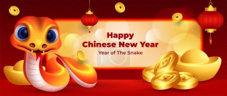 Téléchargez les illustrations : Nouvel An chinois de la bannière serpent avec personnage de serpent mignon, lingot d'or et pièces de monnaie - en licence libre de droit