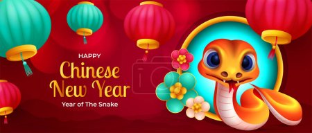 Happy Chinese New Year 2025, cute cartoon snake with hanging lantern decoration 