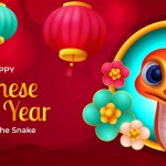 Happy Chinese New Year 2025, cute cartoon snake with hanging lantern decoration 