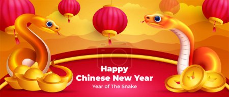 Téléchargez les illustrations : Chinois Nouvel An lunaire 2025 bannière desing avec deux caractères serpent d'or, lingot d'or et pièces de monnaie - en licence libre de droit