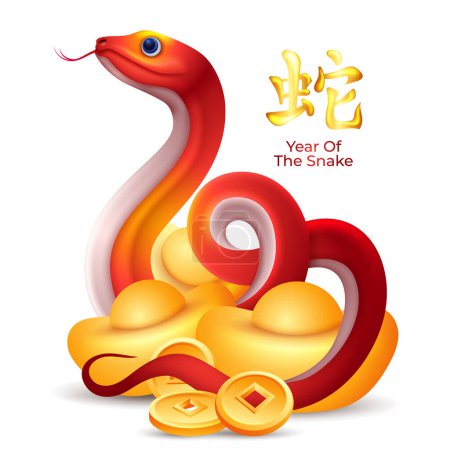 Téléchargez les illustrations : Serpent signe du zodiaque chinois, symbole du Nouvel An chinois 2025 avec des lingots d'or, et des pièces - en licence libre de droit