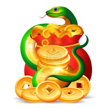 Téléchargez les illustrations : Nouvel an chinois 2025, Serpent vert avec des pièces de monnaie, lingots et illustration de sac d'argent - en licence libre de droit
