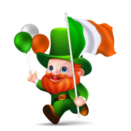 Téléchargez les illustrations : St. patricks Leprechaun tenant drapeau ireland et ballons - en licence libre de droit
