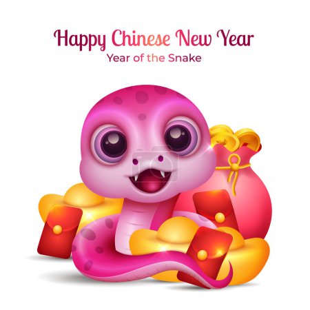 Téléchargez les illustrations : Serpent bébé signe du zodiaque chinois, Nouvel an chinois 2025 avec lingots d'or, et des pièces de monnaie - en licence libre de droit