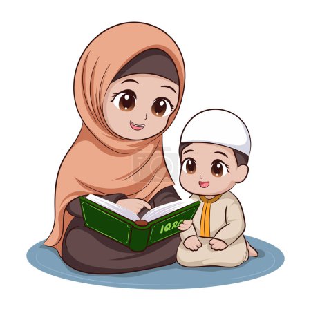 Eine muslimische Mutter bringt ihrem Sohn das Lesen des Korans bei. Illustration der Aktivitäten im Monat Ramadan