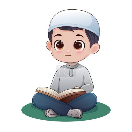 Muslim boy, reading the Koran in the month of Ramadan, wearing Muslim clothing