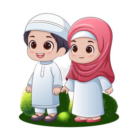 Téléchargez les illustrations : Happy Eid Al-Fitr clipart, Couple d'enfants musulmans joyeux sont debout portant de beaux vêtements musulmans - en licence libre de droit