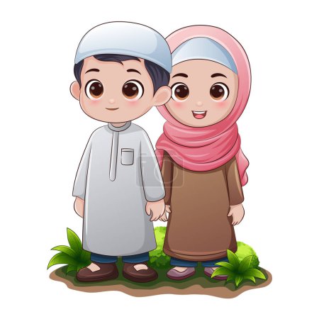 Happy Eid Al-Fitr clipart, Couple of cheerful Muslim children are standing wearing beautiful Muslim clothing