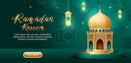 Green Ramadan mubarak horizontal banner, eid al-fitr banner design with mosque and lantern vector illustration