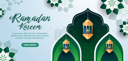 Simple green ramadan banner design, decorated with islamic arch and lantern