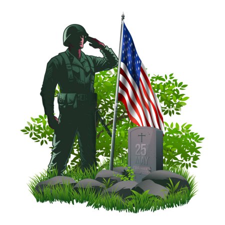 Veteranentag Clipart oder Symbol. Soldat vor den Grabsteinen und der amerikanischen Flagge bei der Beerdigung