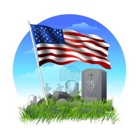 Memorial Day or Veterans day Concept, Burial with tombstones and USA flag illustration