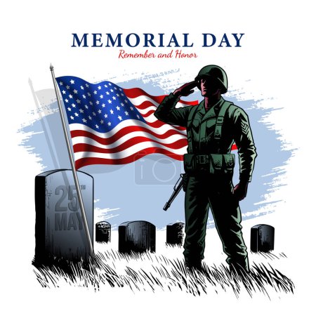 Clipart o símbolo del día conmemorativo. Silueta de soldados saludando la bandera de EE.UU.