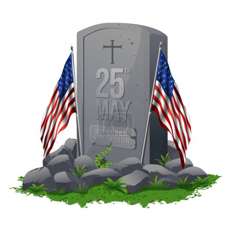 Memorial Day or Veterans day Concept, Marble tombstone with two USA flag, stone and grass.