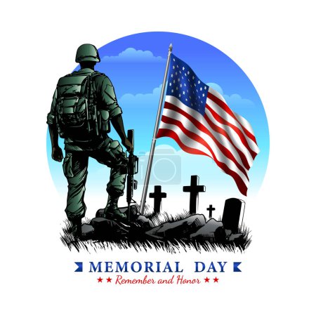 Día de los veteranos clipart o símbolo. soldado estaba frente a las lápidas y la bandera americana