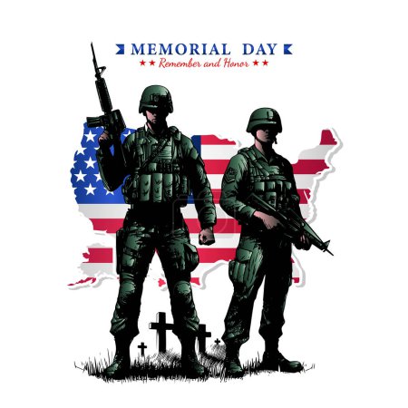 Día de los Caídos, Día de la Independencia o Concepto del Día del Patriota, dos soldados en entierro con lápidas e ilustración de la bandera de EE.UU.