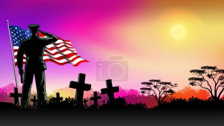 Illustration for Memorial Day or Independence Day background, Soldier with tombstones and USA flag at sunset landscape illustration - Royalty Free Image