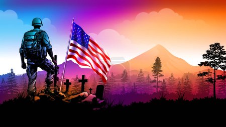 Veteranentag, Unabhängigkeitstag oder Patriotentag. Soldat mit Grabsteinen und USA-Flagge beim Sonnenuntergang