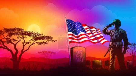 Memorial Day, Veterans Day, Independence Day or Patriot Day background. Soldiers silhouette saluting the USA flag at sunset time vector illustration